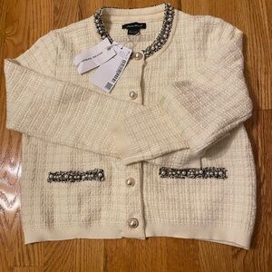 Urban Revivo Cream Cardigan with Embellished Trim